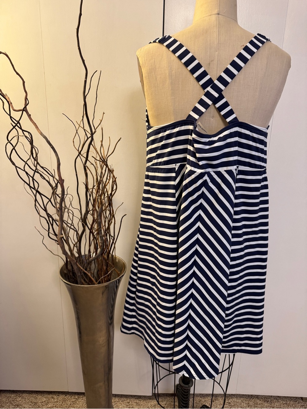 Lands' End Navy and White Striped Midi Swimdress (no swim briefs) - Picture 3 of 5